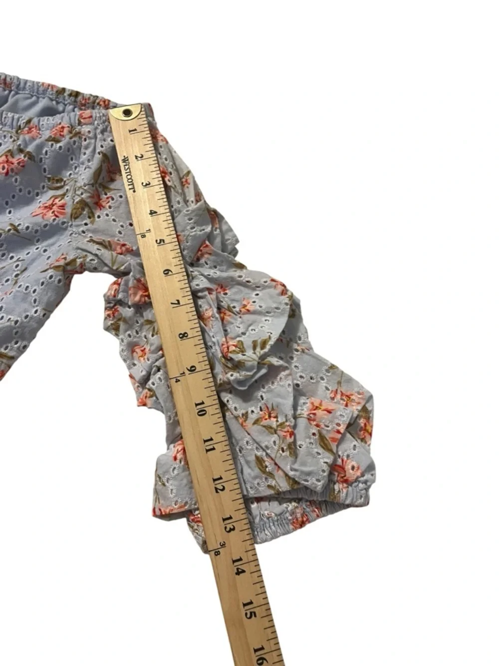 Boho Floral Eyelet Prairie Off Shoulder Top Ruffle Sleeve CottageCore Blouse S - Picture 6 of 7